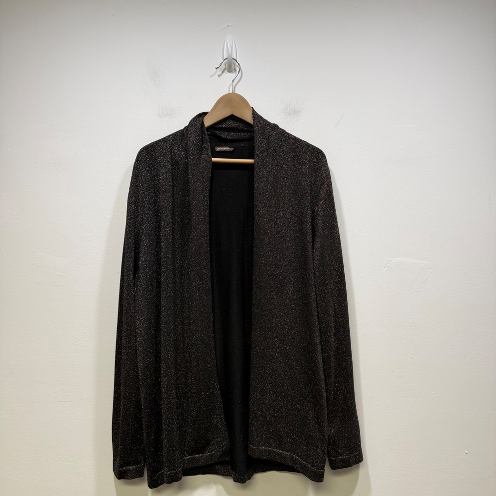 J.McLaughlin Womens Black Metallic Shimmer Shawl Collar Open‎ Cardigan Sweater L